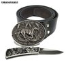 Belt + Buckle with Hidden integrated Knife 3 D HORSE embossed