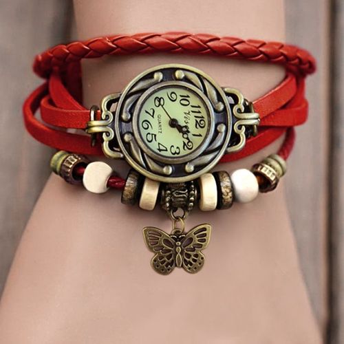 Boho Hippie Chic Watch Retro RED Leather, Beads & butterfly charm